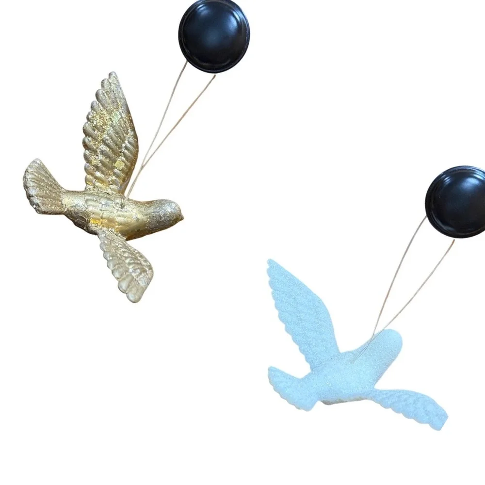 Set of 2 Glitter Bird Ornaments Gold Leaf and White Sparkle Doves Holiday Decor